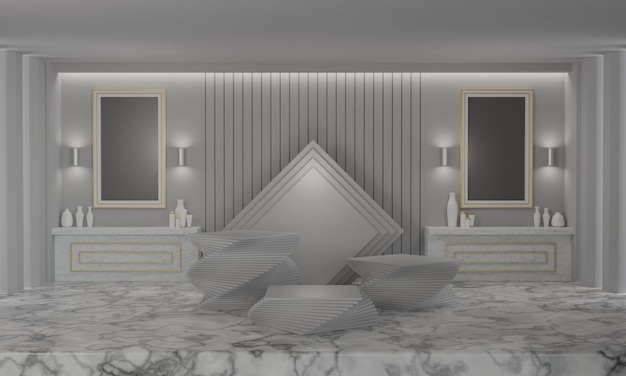 Twisted layer podium in dressing room background 3D render illustration