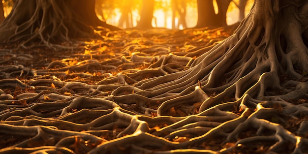 Twisted roots of an old tree weave a natural tapestry on the forest floor bathed in golden afternoon light