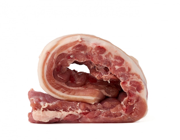 Twisted strip of pork raw meat on ribs with layers of fat