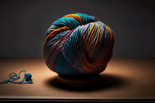 Twisted thick ball of thread lying on table in dark room