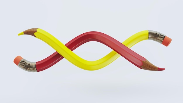 Twisted tow pencil isolated over white background Red and yellow twisted wooden pencil 3D render