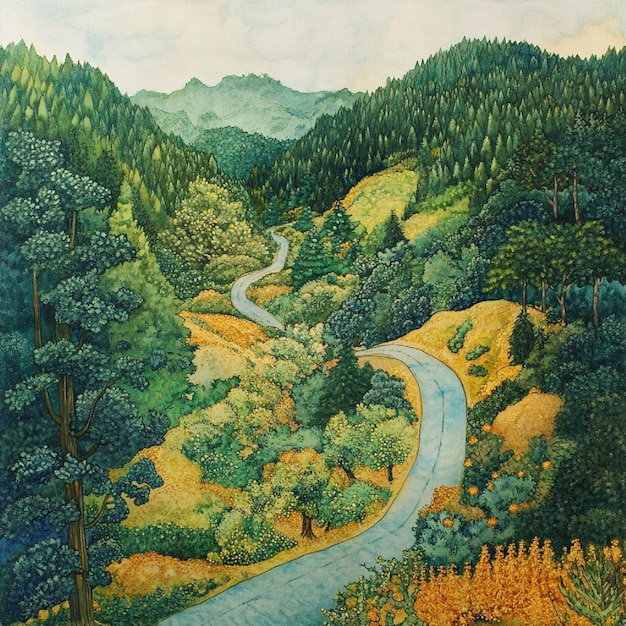 a twisting street through a profound forested valley