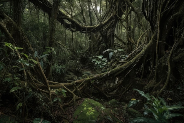 Twisting vines and dense foliage of dark rainforest