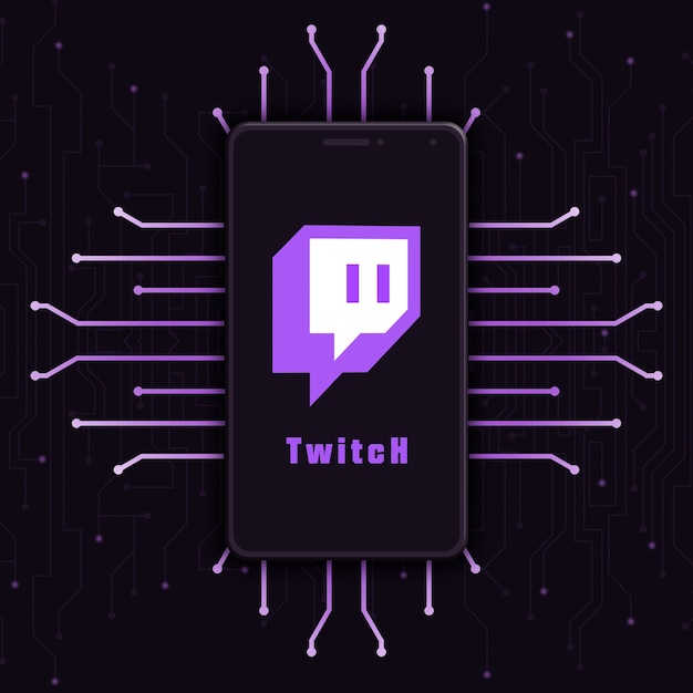 Значок логотипа Twitch на экране телефона на технологическом фоне 3d