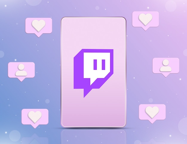 Twitch logo on phone screen with notification icons of new likes and followers around 3d