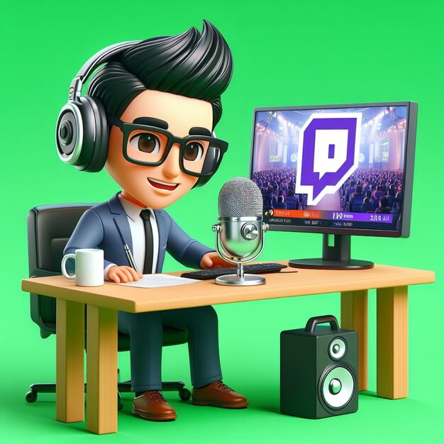 twitch magic 3d man broadcasts live podcast in a vibrant studio with captivating green background