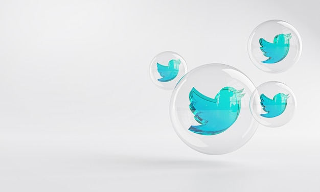 Акриловый значок Twitter внутри пузыря стекла копией пространства 3D