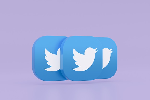 Foto rendering 3d del logo dell'applicazione twitter su sfondo viola