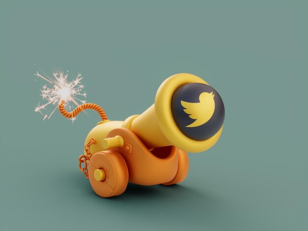 Твиттер Кэннон Колеса Осада Атака Защитное Оружие Маркетинг в социальных сетях 3D Иллюстрация Визуализация