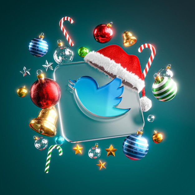 Twitter ロゴ ガラス スクエア クリスマス飾り暗い青色の背景 3 D レンダリング