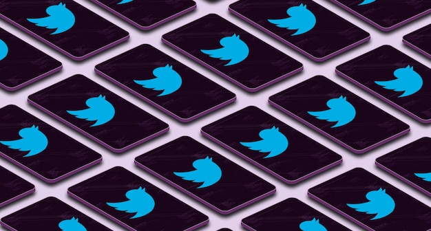 twitter logo icon on many screen phones 3d