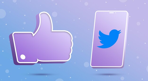 Twitter logo on smartphone with thumbs up like icon 3d