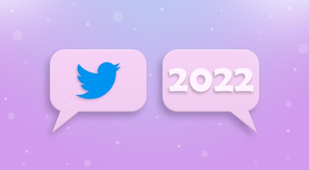 Twitter-pictogram en nieuwjaar 2022 op tekstballon 3d