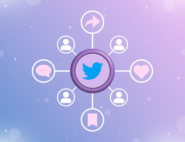 사진 소셜 활동 및 사용자 아이콘 3d 유형이 있는 둥근 버튼의 twitter 소셜 미디어 로고