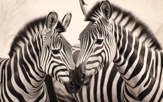 Photo two 2 zebras standing together