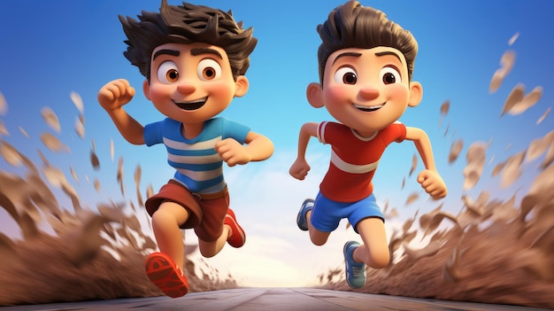 Two 3D cartoon kids participating in a highspeed race