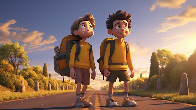 Two 3D cartoon kids with gigantic backpacks