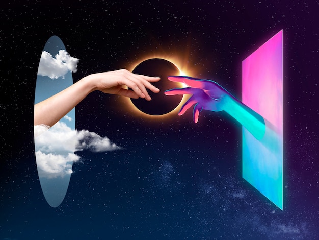 Photo two 3d hands reaching for each other in metaverse