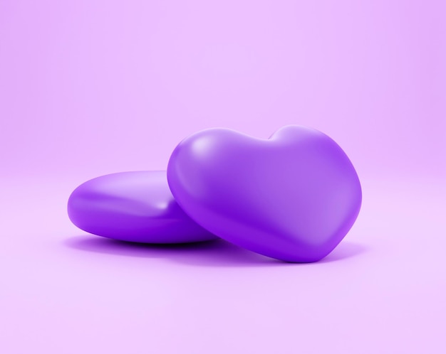 Two 3d hearts on a clean pastel background template Two Realistic 3d red hearts rendering illustration