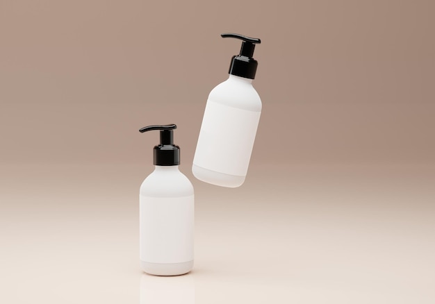 Two 3D illustrations of a bottle with a dispenser on a beige background. Bottle for liquid soap