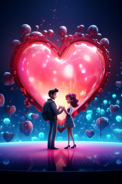 Two 3d pixar tiny male and female in love holding a toy heart full shot palatial background