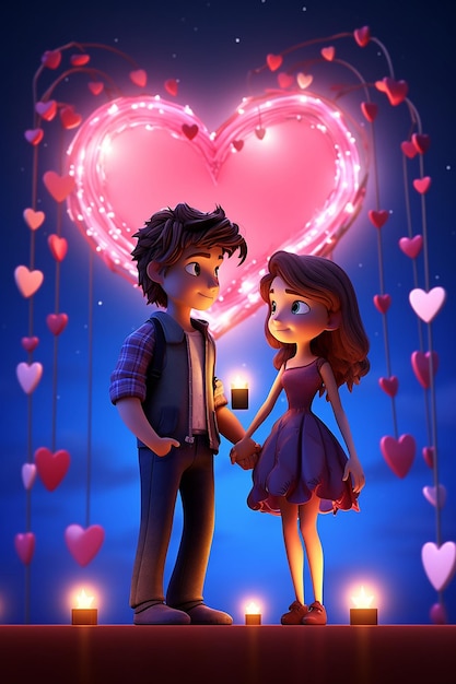 Foto due pixar 3d minuscolo maschio e femmina innamorati che tengono un cuore giocattolo pieno scatto sfondo palaziale