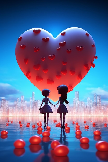 Two 3d pixar tiny male and female in love holding a toy heart full shot palatial background