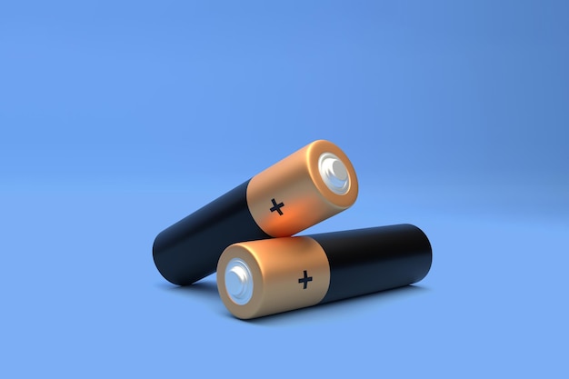 Two AA size batteries isolated on blue background 3D render illustration