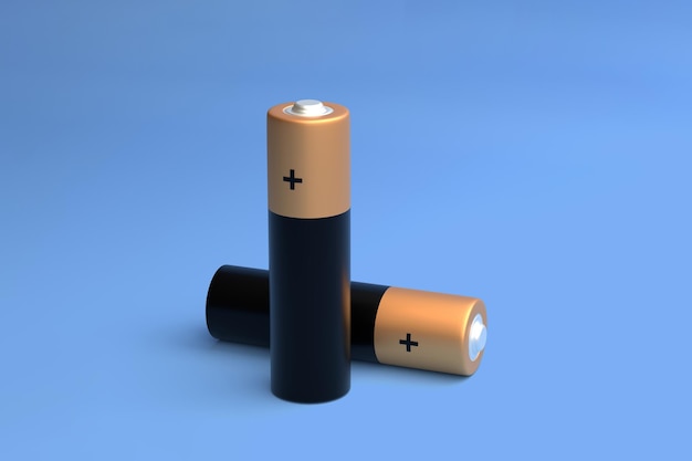 Two AA size batteries isolated on blue background close up carbon zinc batteries 3D render