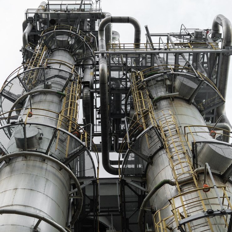 Two absorption columns at the gas processing plant stand on a summer day