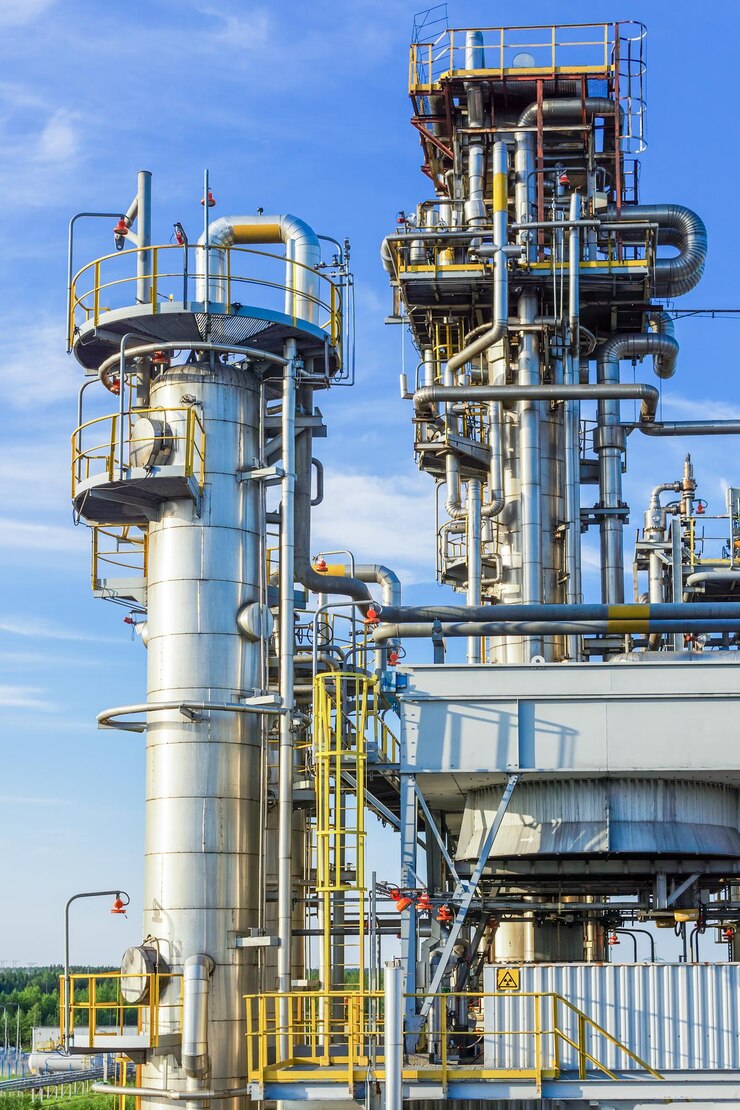 Two absorption columns stand at the gas processing plant against the blue sky