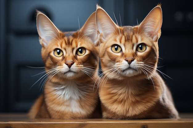 Two Abyssinian breed cats sit next to each other on black background copy space portrait