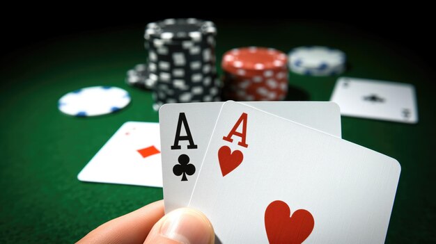 Two aces in hand Winning combination in a poker game Bet game in a casino Copy space