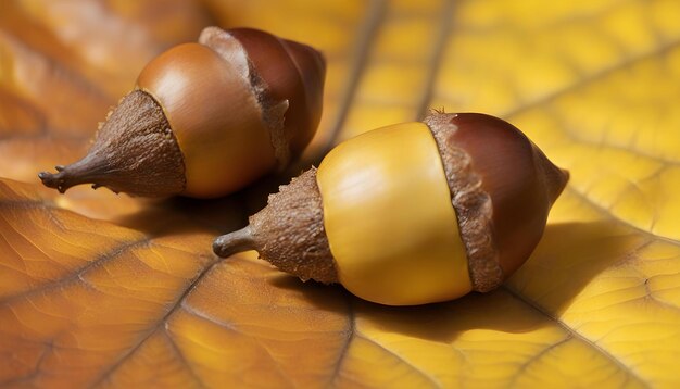 Two acorns on a yellow autumn leaf