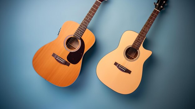 Two acoustic guitars on a colored background flat lay