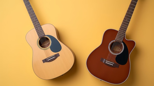 色の背景に2つのアコースティックギターが平らに横たわっている