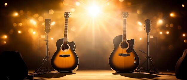 Two acoustic guitars sitting in front of a stage