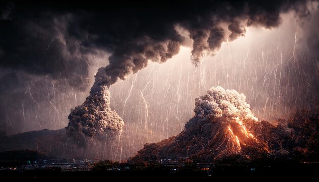 2 つの活火山が真っ赤な溶岩を噴出している 3D レンダリング