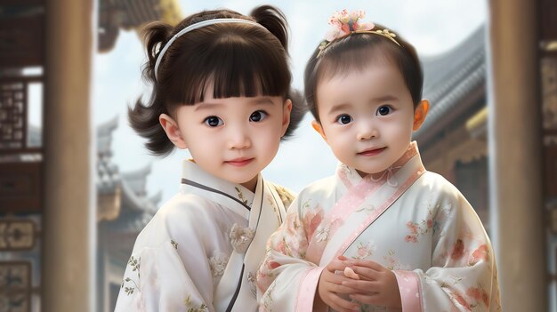 Photo two adorable asian children grinning in traditional chinese attire generative ai