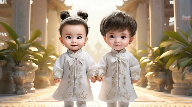 Photo two adorable asian children grinning in traditional chinese attire generative ai