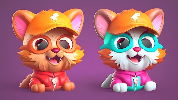 Two adorable cats in stylized 3D render for mobile game or cute digital art