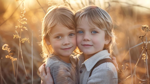 Two adorable children a boy and a girl are standing in a field of tall grass The sun is setting and the sky is a warm golden color