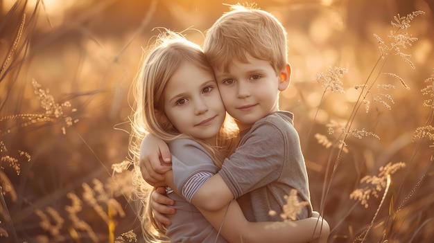 Two adorable children a boy and a girl are standing in a field of tall grass
