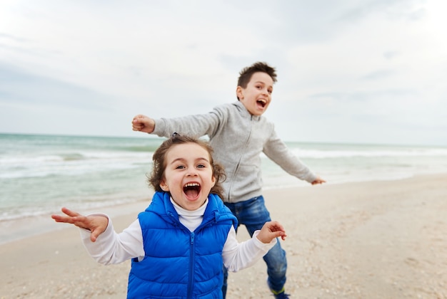 男の子と女の子の2人の愛らしい子供たちが、ビーチで笑ったり遊んだりしています。