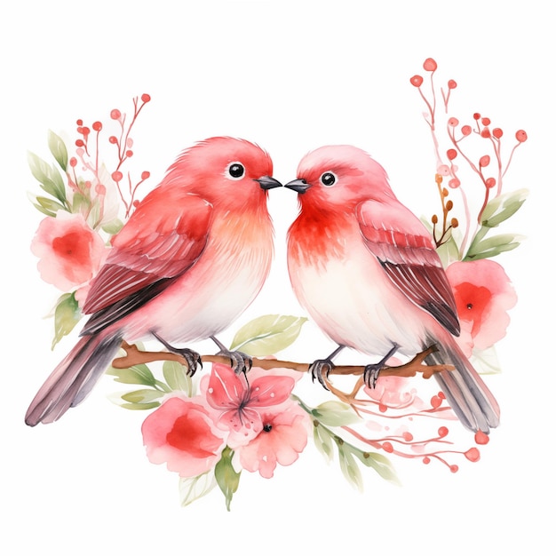 발렌타인 데이를 위해 색 바탕에 두 개의 사랑스러운 사랑스러운 수채화 사랑스러운 새 클리파트 디자인 카드 승화 인쇄를위한 단일 요소