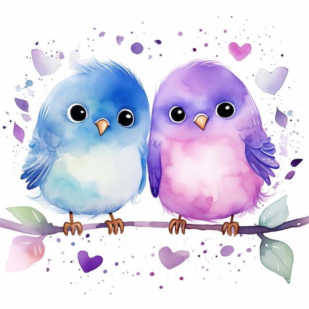 Two adorable cute watercolor lovely birds clipart on white background for valentine day Single element for design card sublimation print