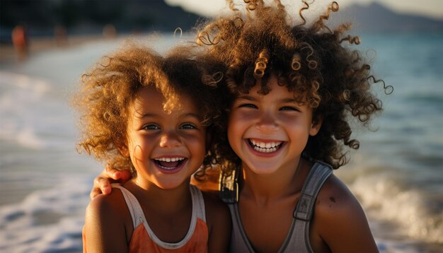 2人の可愛い民族の子供たちがビーチで楽しんでいますアクティブな小さな子供たちは幸せに笑っています