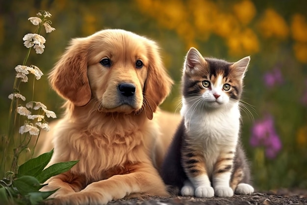 Two adorable pets cat and dog snuggled up together in a sweet display of friendship Generative AI