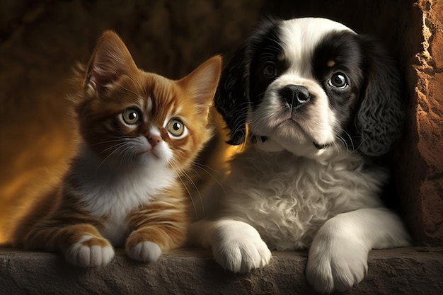 Photo two adorable pets cat and dog snuggled up together in a sweet display of friendship generative ai