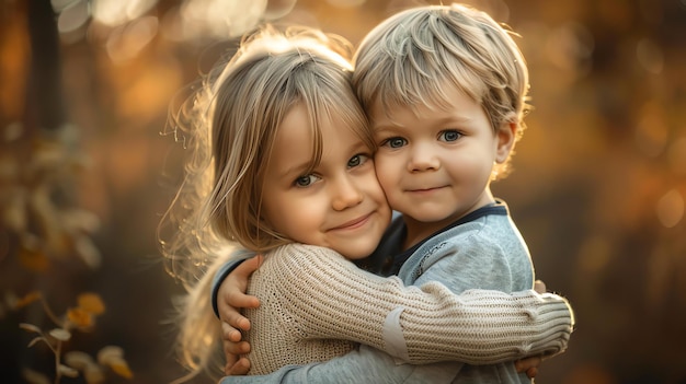 Foto due adorabili fratelli un ragazzo e una ragazza sono catturati in un abbraccio amorevole